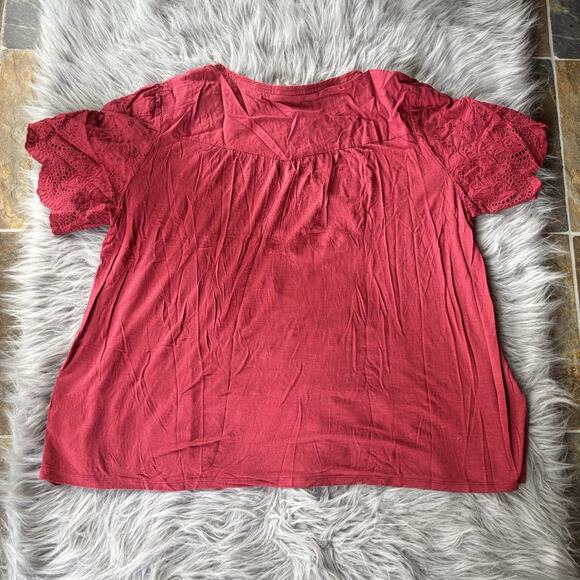 Knox Rose Womens Top Size XXL Plus Solid Red Eyelet Lace Short Sleeve Bohemian - Picture 9 of 9